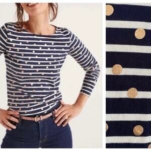 Boden Breton Navy White Striped Shirt Gold Foil Polka Dots Long Sleeve Size 8